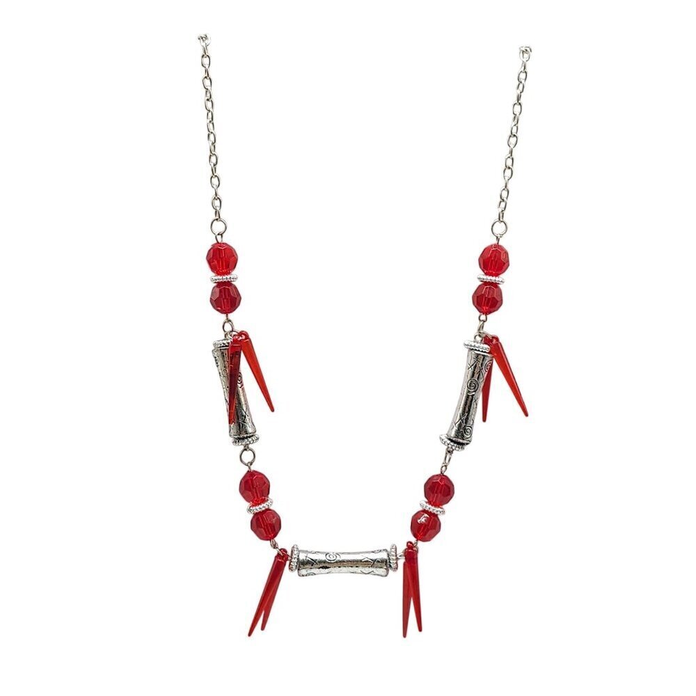 Red Silver Beaded Necklace With Geometric Accents And Chain No Clasp